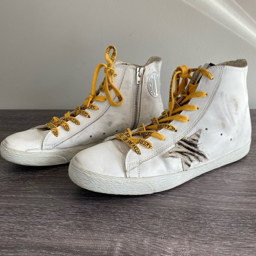 Golden Goose White Francy Yellow Lace Silver Accent Zebra Star Zip high tops 39